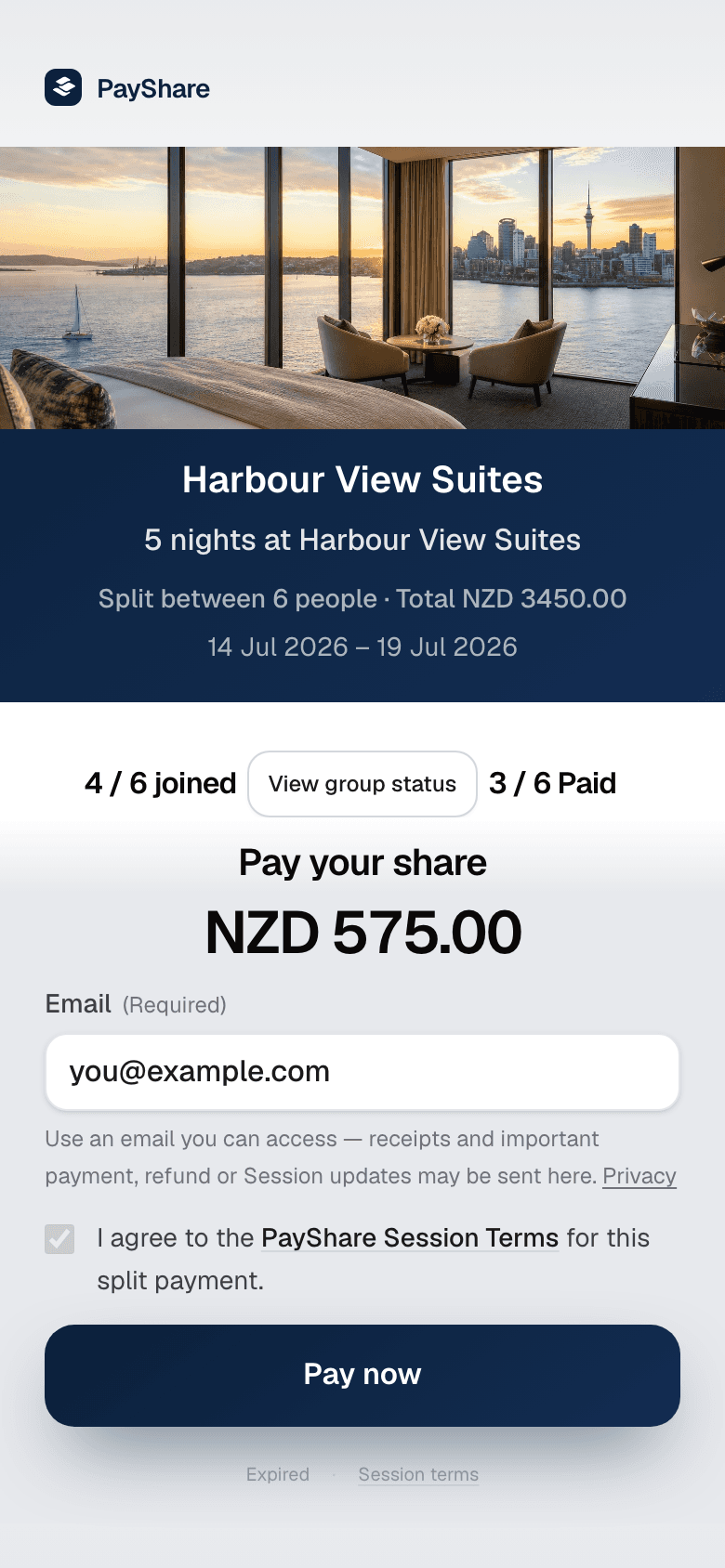 PayShare guest screen — Pay your share NZD 450.00
